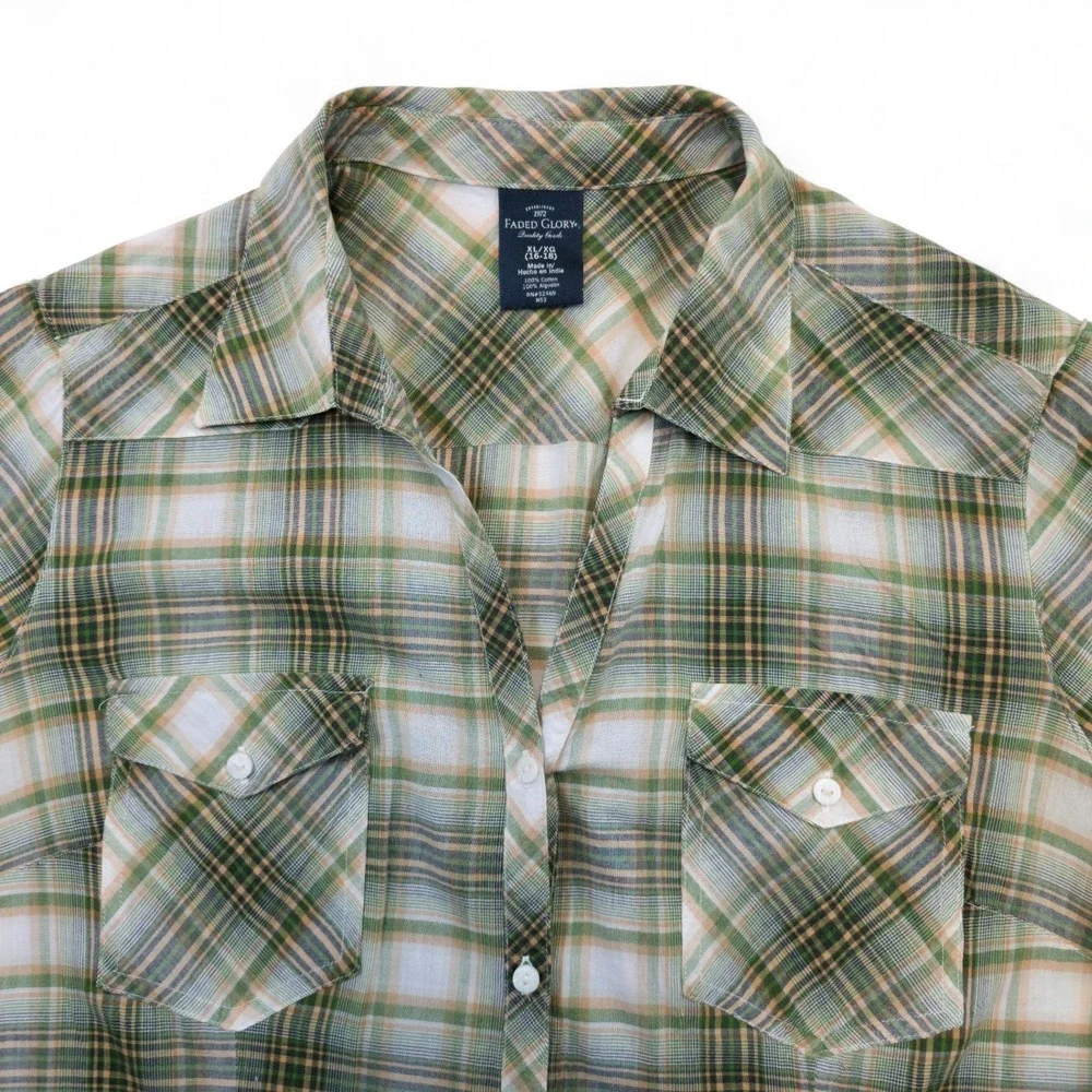 Faded Glory Girls Plaid Western Button Up Shirt XL Green Tan Cotton Retro Youth - Picture 3 of 6